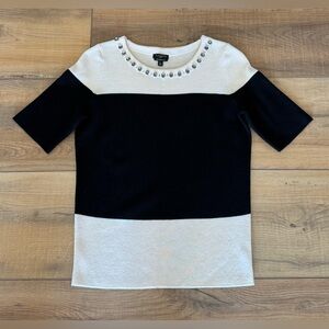Talbots Black & White Rhinestone Neckline Top Holiday Knit Short Sleeve Sweater